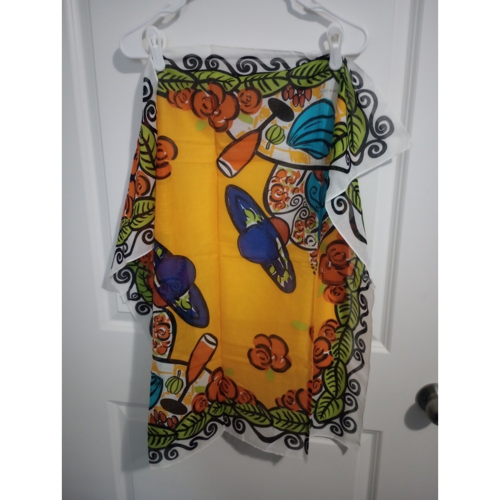 Vintage Echo Scarf 30" Square Yellow Novelty Hat Floral Mod Retro Sheer